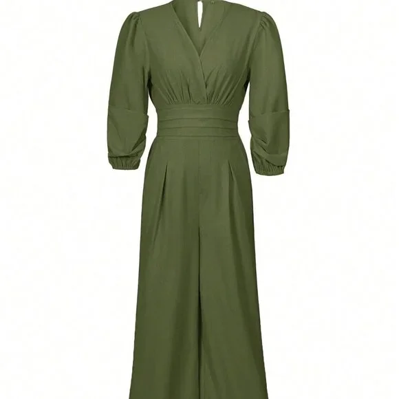 Army Green Elegant Women's Casual Solid Color Lantern Sleeve Jumpsuit